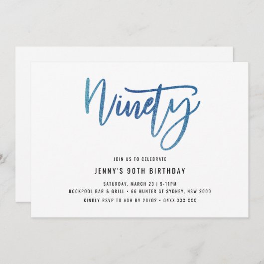 Minimale blauwe Folie 90e verjaardag uitnodiging (Voorkant / Achterkant)