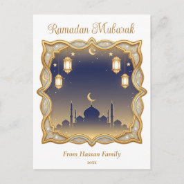 Minimale Blauwe & Gouden Moskee Ramadan Mubarak Briefkaart