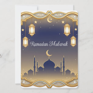 Minimale Blauwe & Gouden Moskee Ramadan Mubarak Feestdagenkaart
