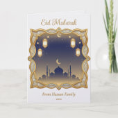Minimale Blauwe & Gouden Moskee Silhouet Eid Mubar Kaart (Voorkant)