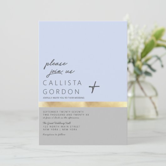 Minimale blauwe grijze gouden kleurenblokbruiloft kaart (Staand voorkant)