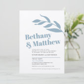 Minimale blauwe grijze witte olijfbladeren bruilof kaart (Staand voorkant)