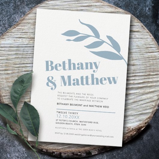 Minimale blauwe grijze witte olijfbladeren bruilof kaart