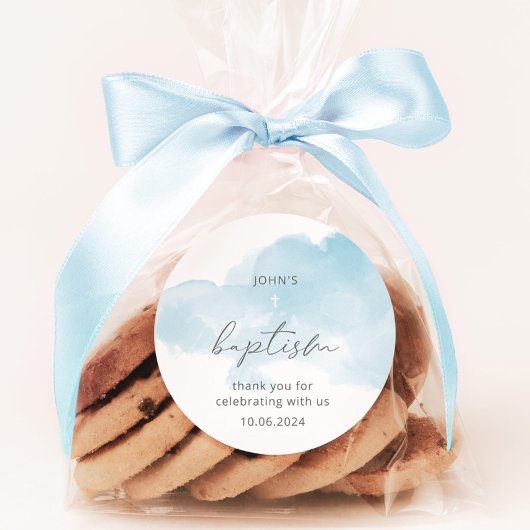 Minimale blauwe hemel jongen doop ronde sticker