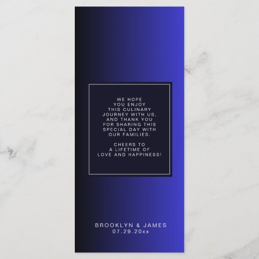 Minimale blauwe huwelijksmenu kaart (Achterkant)