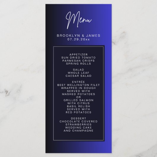 Minimale blauwe huwelijksmenu kaart (Voorkant)