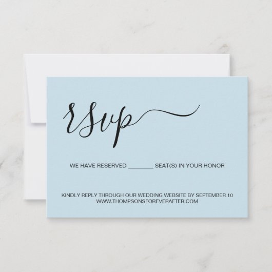 Minimale blauwe script Gereserveerde Zitplaats Wed RSVP Kaartje (Voorkant)