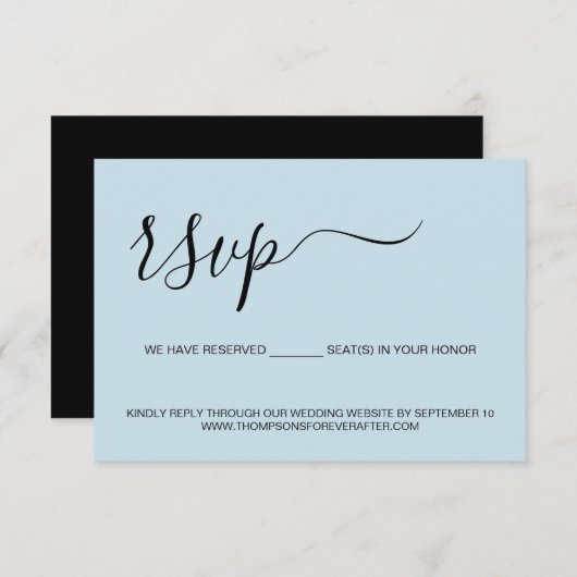 Minimale blauwe script Gereserveerde Zitplaats Wed RSVP Kaartje (Voorkant / Achterkant)
