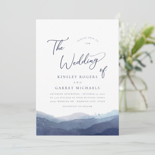 Minimale blauwe Waterverf bruiloft Kaart (Staand voorkant)