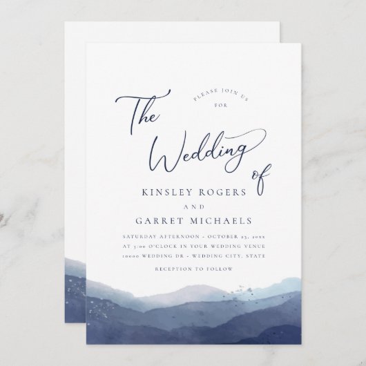 Minimale blauwe Waterverf bruiloft Kaart (Voorkant / Achterkant)
