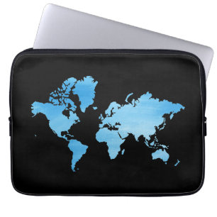 Minimale Blauwe Wereldkaart Watercolor Kunst Laptop Sleeve