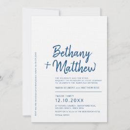 Minimale blauwe witte kalligrafiescript bruiloft kaart