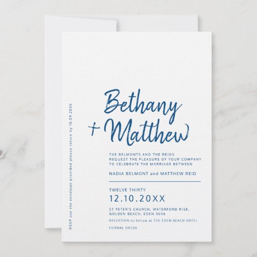 Minimale blauwe witte kalligrafiescript bruiloft kaart (Voorkant)
