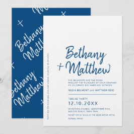 Minimale blauwe witte kalligrafiescript bruiloft kaart