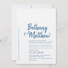 Minimale blauwe witte kalligrafiescript bruiloft kaart