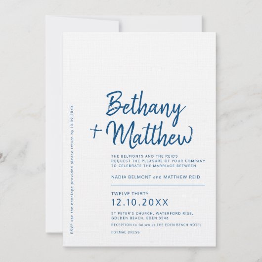 Minimale blauwe witte kalligrafiescript bruiloft kaart (Voorkant)
