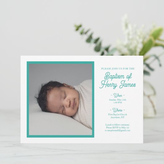 Minimale Blauwgroen Baptisme-uitnodiging met foto Save The Date (Staand voorkant)