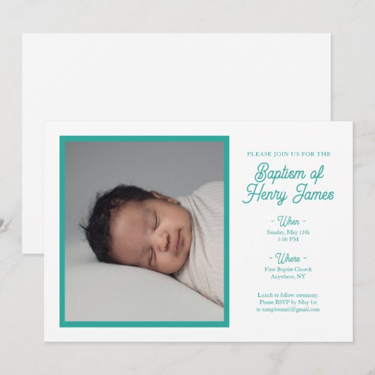 Minimale Blauwgroen Baptisme-uitnodiging met foto Save The Date (Voorkant / Achterkant)