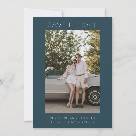 Minimale Blauwgroen, eenvoudige elegante foto van  Save The Date (Voorkant)
