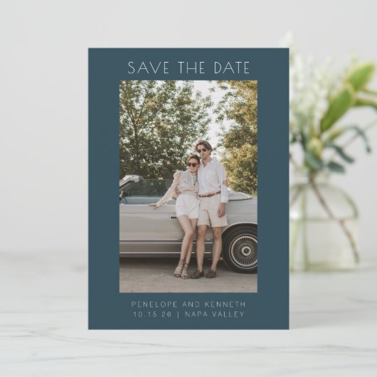 Minimale Blauwgroen, eenvoudige elegante foto van  Save The Date (Staand voorkant)