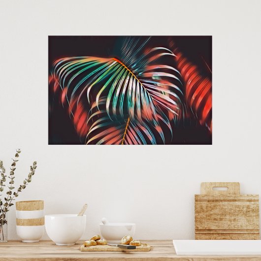 Minimale Blauwgroen en Corale Tropische Palmblader Poster (Keuken)