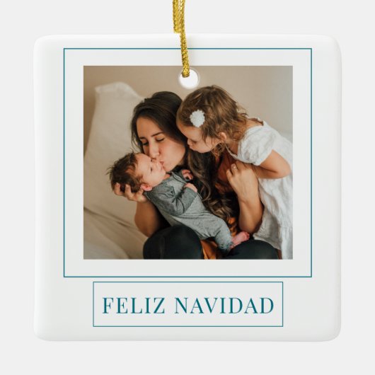 Minimale Blauwgroen kerstfoto van Feliz Navidad Keramisch Ornament (Voorkant)