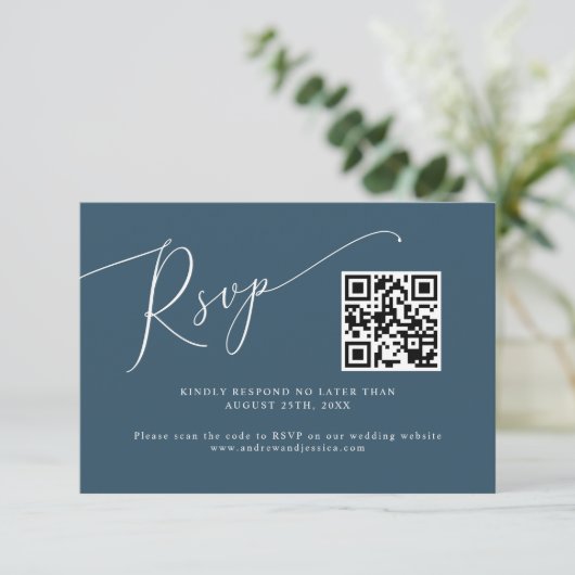 Minimale Blauwgroen QR-code voor bruiloft RSVP Kaartje (Staand voorkant)