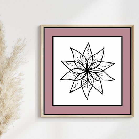 Minimale bloem zwart lijn art mandala mauve rand poster