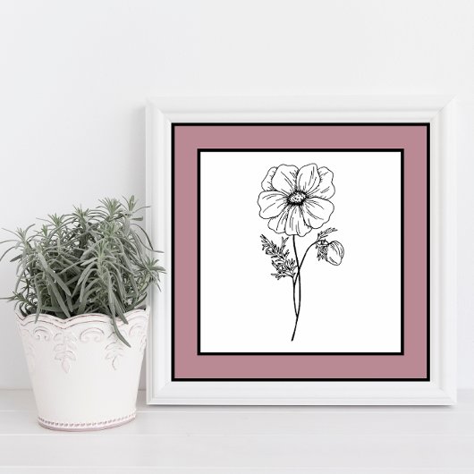 Minimale bloem zwart lijn art Mauve pruimenrand Poster