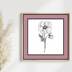 Minimale bloem zwart lijn art Mauve pruimenrand Poster