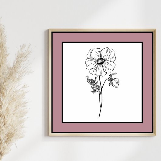 Minimale bloem zwart lijn art Mauve pruimenrand Poster