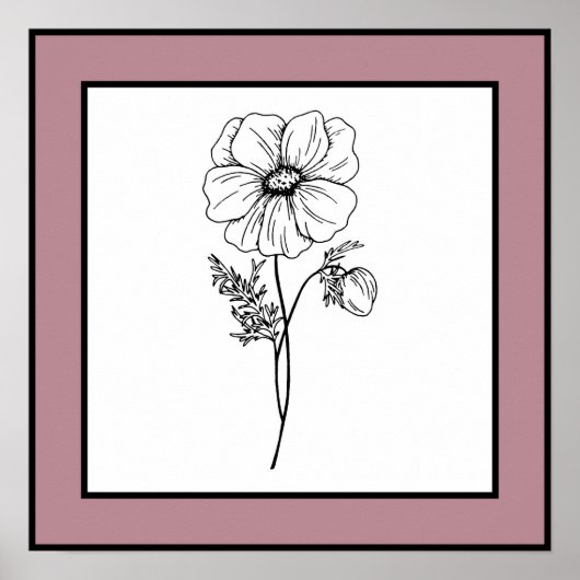 Minimale bloem zwart lijn art Mauve pruimenrand Poster (Voorkant)