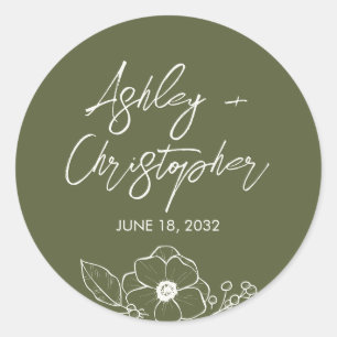 Minimale Bloemen Botanische Mos Groene Bruiloft Ronde Sticker