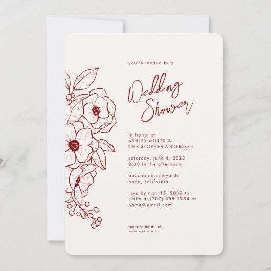 Minimale Bloemen Botanische Ruby Rode Bruiloft Dou Kaart (Voorkant)