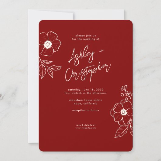 Minimale Bloemen Botanische Ruby Rode Bruiloft Kaart (Voorkant)