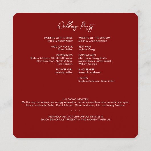 Minimale Bloemen Botanische Ruby Rode Bruiloft Programmakaart (Achterkant)