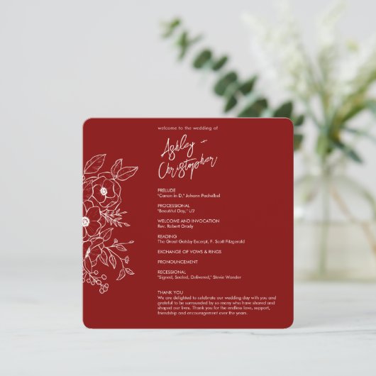 Minimale Bloemen Botanische Ruby Rode Bruiloft Programmakaart (Staand voorkant)