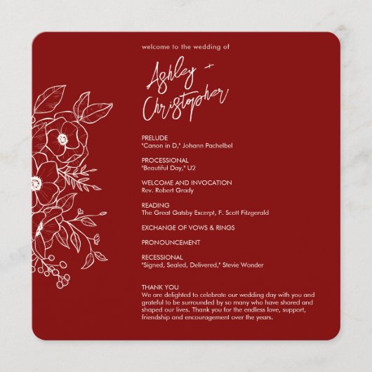 Minimale Bloemen Botanische Ruby Rode Bruiloft Programmakaart (Voorkant)