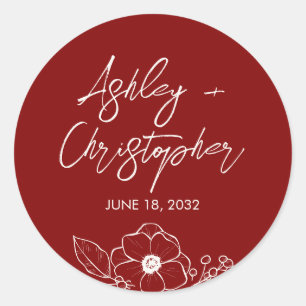 Minimale Bloemen Botanische Ruby Rode Bruiloft Ronde Sticker