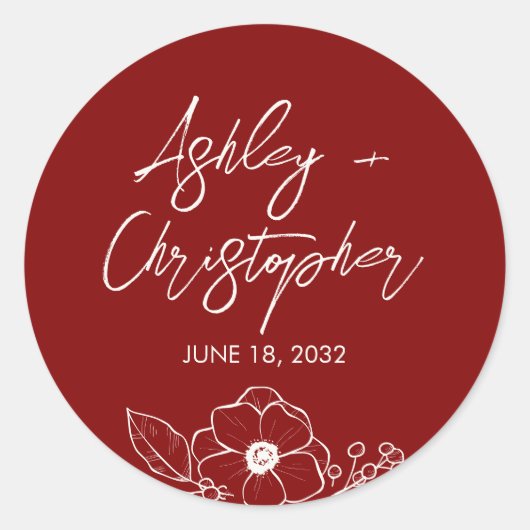Minimale Bloemen Botanische Ruby Rode Bruiloft Ronde Sticker (Voorkant)