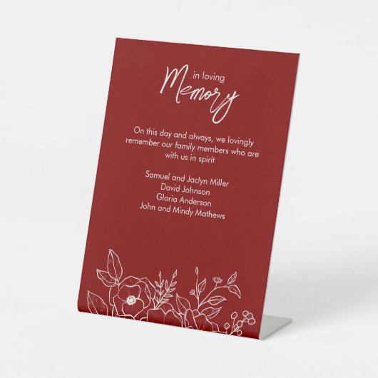 Minimale Bloemen Botanische Ruby Rood In Memoriam Reclamebord Met Voetstuk (Voorkant)