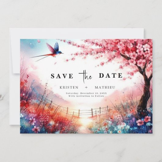 Minimale bloemen kersenbloesem bruiloft save the date (Voorkant)