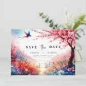 Minimale bloemen kersenbloesem bruiloft save the date (Staand voorkant)