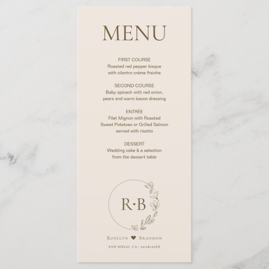 Minimale bloemenkrans aardetoon monogram bruiloft menu (Voorkant)