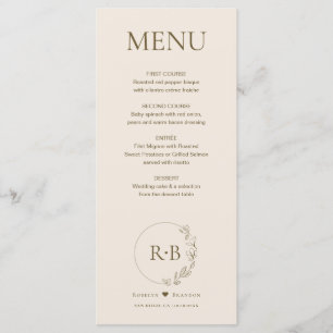Minimale bloemenkrans aardetoon monogram bruiloft menu