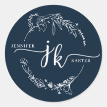 Minimale Bloemenkrans Navy Blauw Monogram Bruiloft