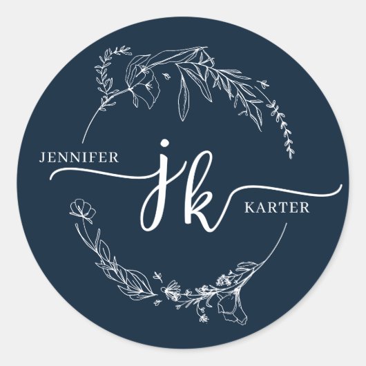 Minimale Bloemenkrans Navy Blauw Monogram Bruiloft Ronde Sticker (Voorkant)