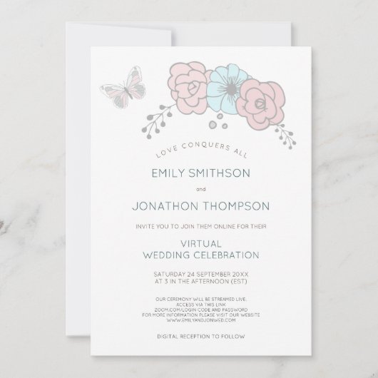 Minimale bloemenvlinder blauw roze virtuele bruilo kaart (Voorkant)