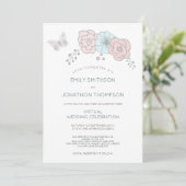 Minimale bloemenvlinder blauw roze virtuele bruilo kaart (Staand voorkant)