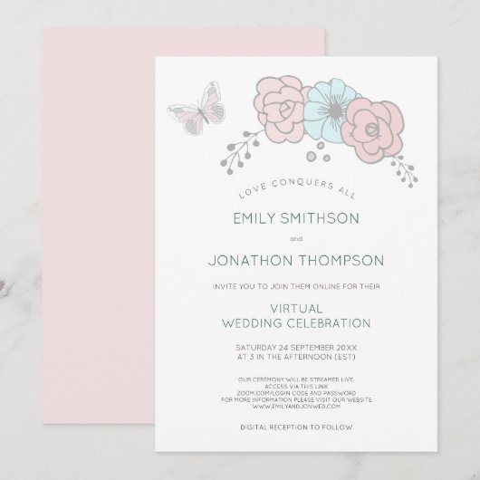 Minimale bloemenvlinder blauw roze virtuele bruilo kaart (Voorkant / Achterkant)